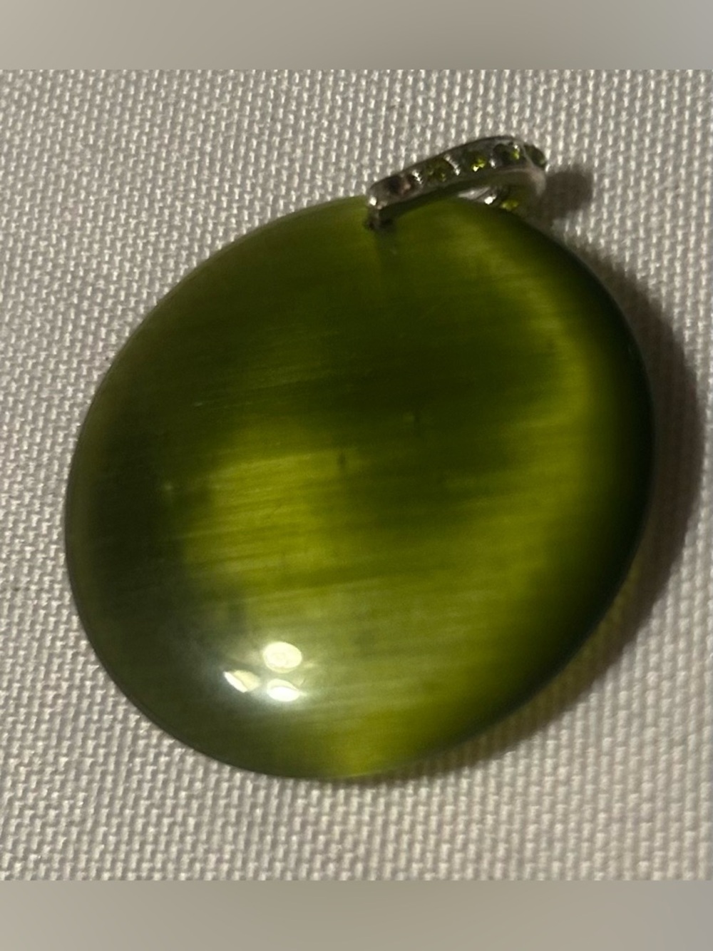 Green Cat’s Eye Round Stone Pendant with Rhinestone Bail